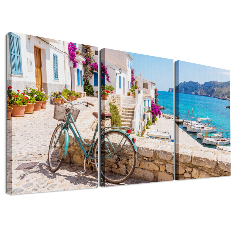 Ensemble de 3 toiles murales représentant un vélo turquoise et des volets bleus près du port, 30"H x 20"W x 3pcs
