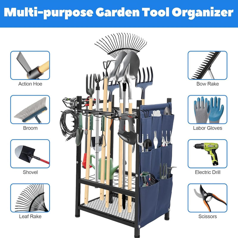 Garden Yard Tool Organizer Rack with Hooks and Side Pockets