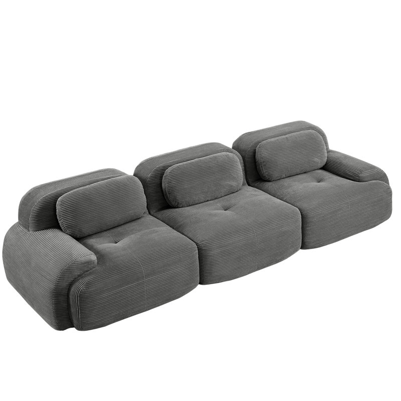 Canapé d'angle modulaire 3 pièces gris en velours côtelé, design antidérapant, assise incurvée et moelleuse à haut volume, aucun assemblage requis pour les chambres à coucher, avec assise ergonomique antidérapante, décoration intérieure pour la chambre à coucher