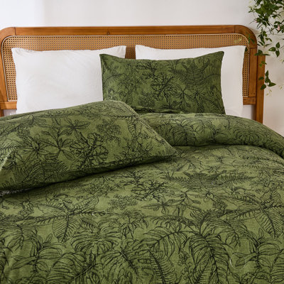 Ensemble d'édredon grand vert à motif floral, literie 100% coton avec motif de feuilles de palmier, ensemble d'édredon jardin botanique rétro Ensemble de literie douillette pour toutes les saisons