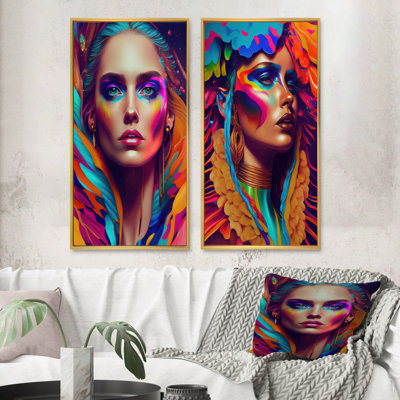 «Dynamic Feather Woman Portrait», 2 pièces sur toile