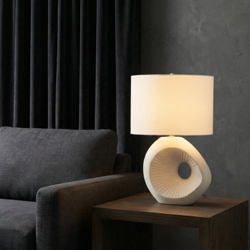 Modern Ceramic Table Lamp for Bedside Use - Sculptural Small Accent with Fabric Shade for Bedroom, Desk or Living Room Lighting - 26", Ivory & Tan