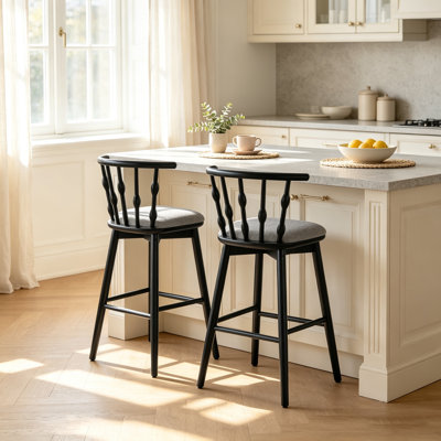 Counter Height Windsor Bar Stools Set of 2, Solid Wood Frame with Soft Gray Upholstered Seat, Hourglass Spindle Bow Back Bar Chairs for Kitchen Island, Home Bar, Cafe, Dining Room & Farmhouse Decor