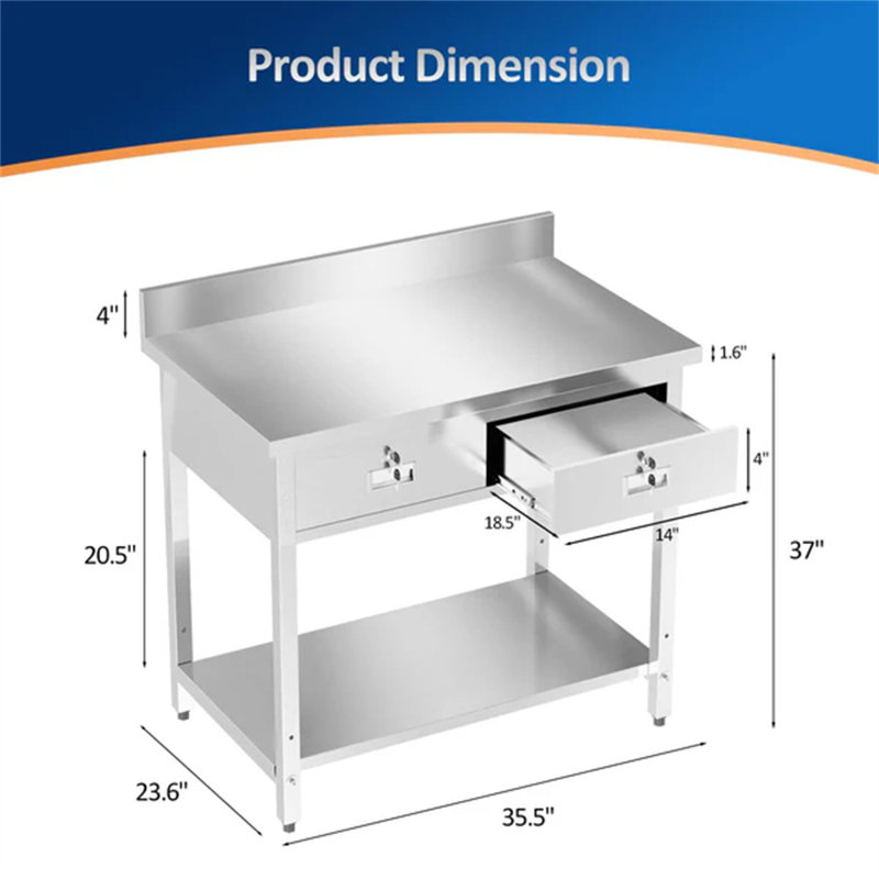 Table en acier inoxydable avec 2 tiroirs, H 37 po x l 36 po x P 24 po