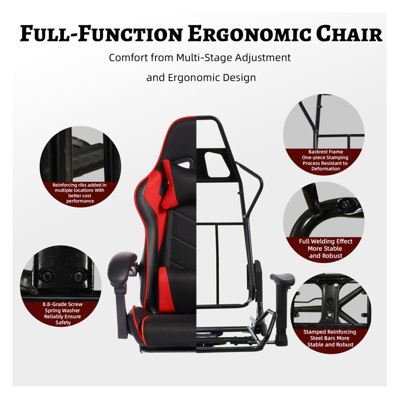 Fauteuil de jeu ergonomique DEEfurniture avec fonction de massage et siège de course en cuir PU, Simili cuir - Noir/Rouge