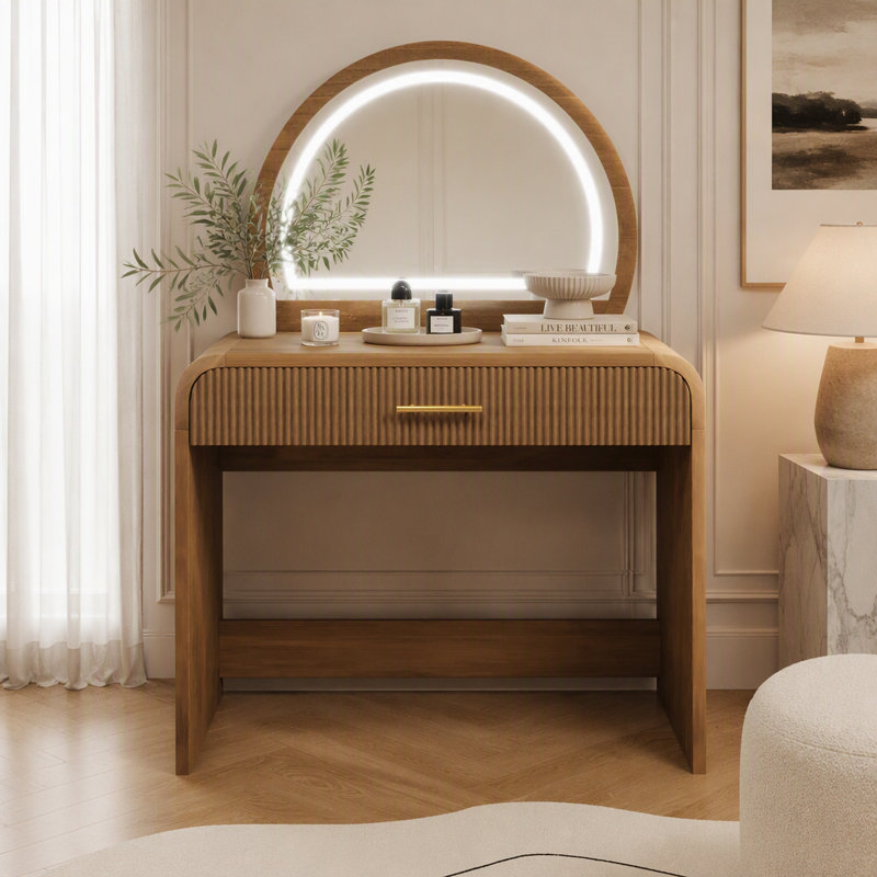 39” Modern Makeup Vanity Table with LED Lighted Mirror, Multi-Functional Dressing Table with Storage Drawer & Removable Mirror for Bedroom