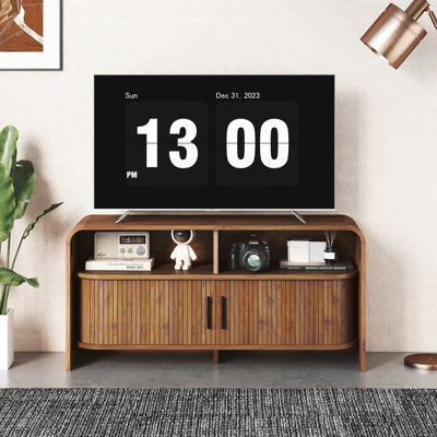 Fluted Tv Stand,  Mid Century Modern Entertainment Centre With Storage,  Adjustable Shelves, Sliding Doors