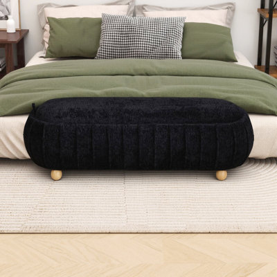 Banc de rangement de 140 cm avec pieds en bois d'hévéa, pouf rembourré en chenille pour chambre, salon, entrée