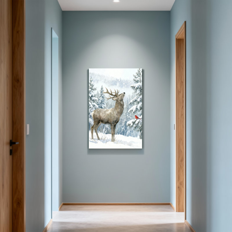 Animaux, hiver, cerf, neige, forêt, oiseau rouge, pins, H 18 po x l 12 po