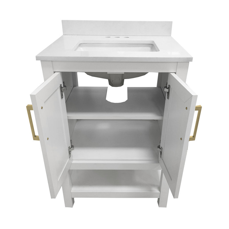 Canita 24'' Bathroom Vanity with Undermount Sink and Open Storage Shelf, White, Gold