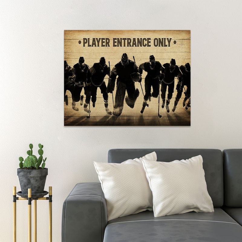 Équipe de hockey sur fond brun - entrée pour joueur seulement - reproduction d'art graphique rectangulaire sur toile tendue 1 pièce