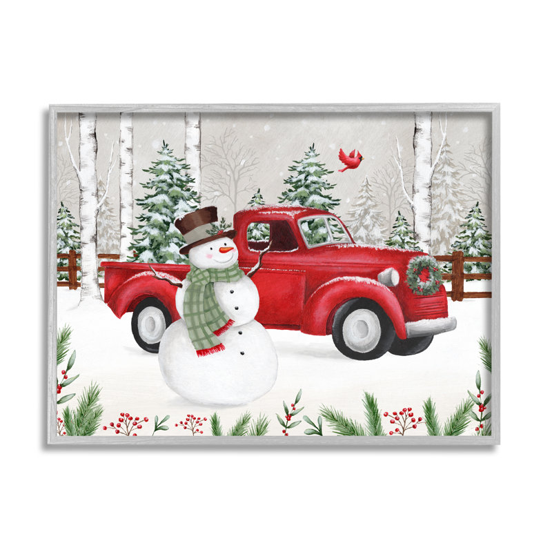 Hiver, pays des merveilles, bonhomme de neige, cardinal, camion rouge enneigé, estampe numérique encadrée, art texturé par Emma Leach