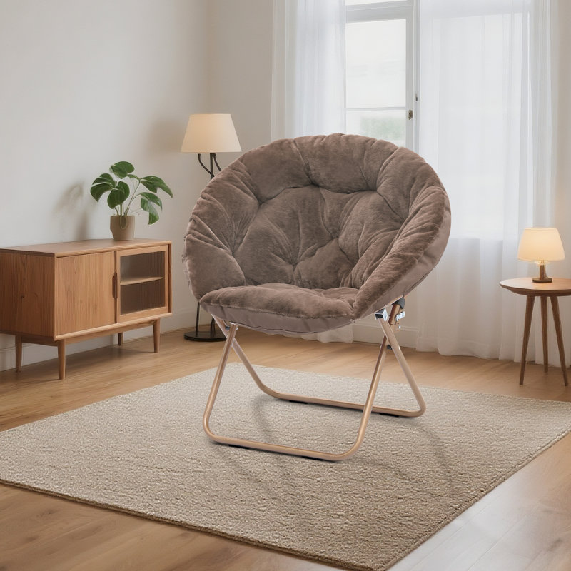 Foldable Round Saucer Chair Portable Papasan Chair Lounge Chair Accent Chair for Bedroom Living Room, Beige Faux Fur, No