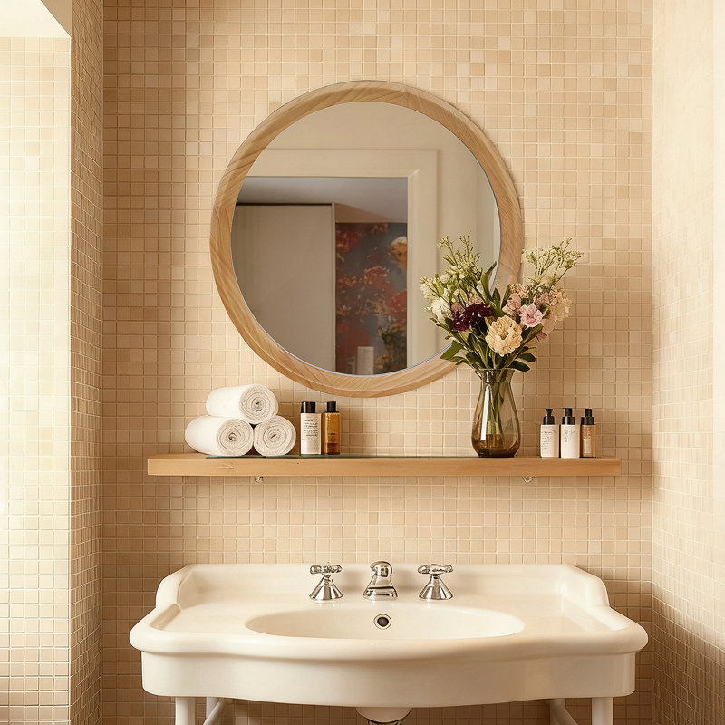 Miroir mural rond en bois naturel