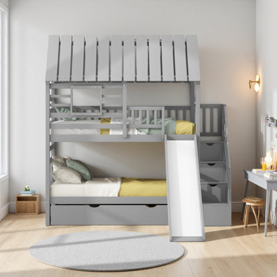 Twin Over Twin House Bunk Bed With Trundle And Slide, Storage Staircase, Roof And Window Design