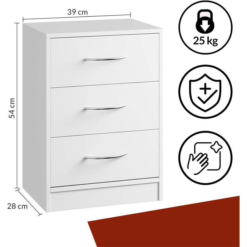 2X Bedside Table With 3 Drawers, White