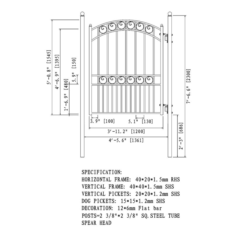 Black Arched Steel Pedestrian Gate with Ornamental Design