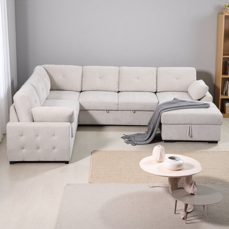 Canapé d'angle multi-fonctionnel en forme de L avec rangement et lit convertible, Chenille beige