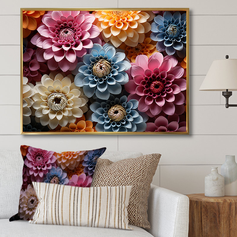 Multicolore Zinnias Mixed Collage II sur toile, H 34 po x l 44 po x P 1,5 po, Cadre flottant doré