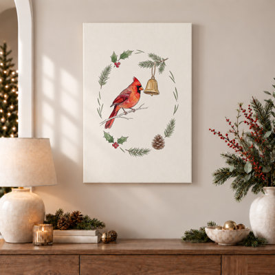 Oiseau cardinal rouge dans une couronne festive avec art de Noël doré sur toile