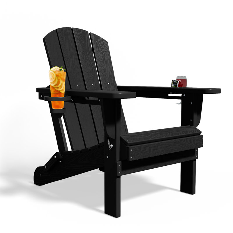 Chaise Adirondack pliante en polyéthylène haute densité Wolak avec porte-gobelet double, Noir