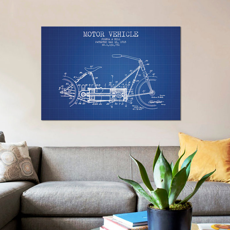 « joshua a. hill motor automobile schema », reproduction d’impression sur toile dans une grille bleue, Toile tendue