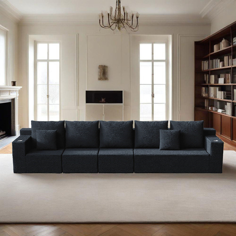 Canapé modulaire à dossier profond en velours côtelé avec porte-gobelets et coussins intégrés, Velours côtelé noir