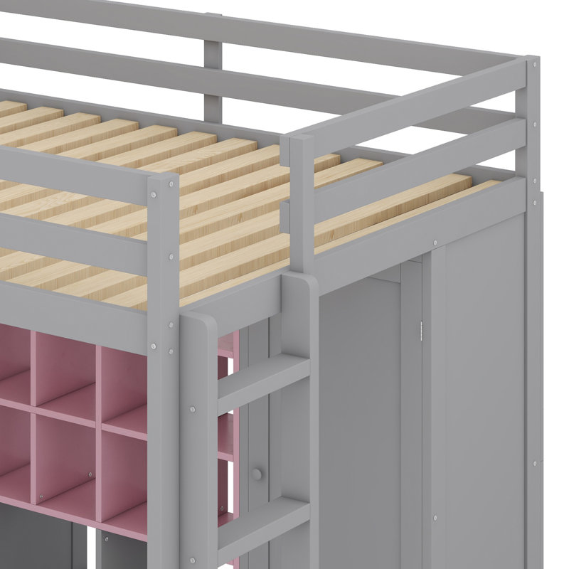 Lit mezzanine en bois avec garde-robe, tablettes et armoire, Gris / Rose, Double