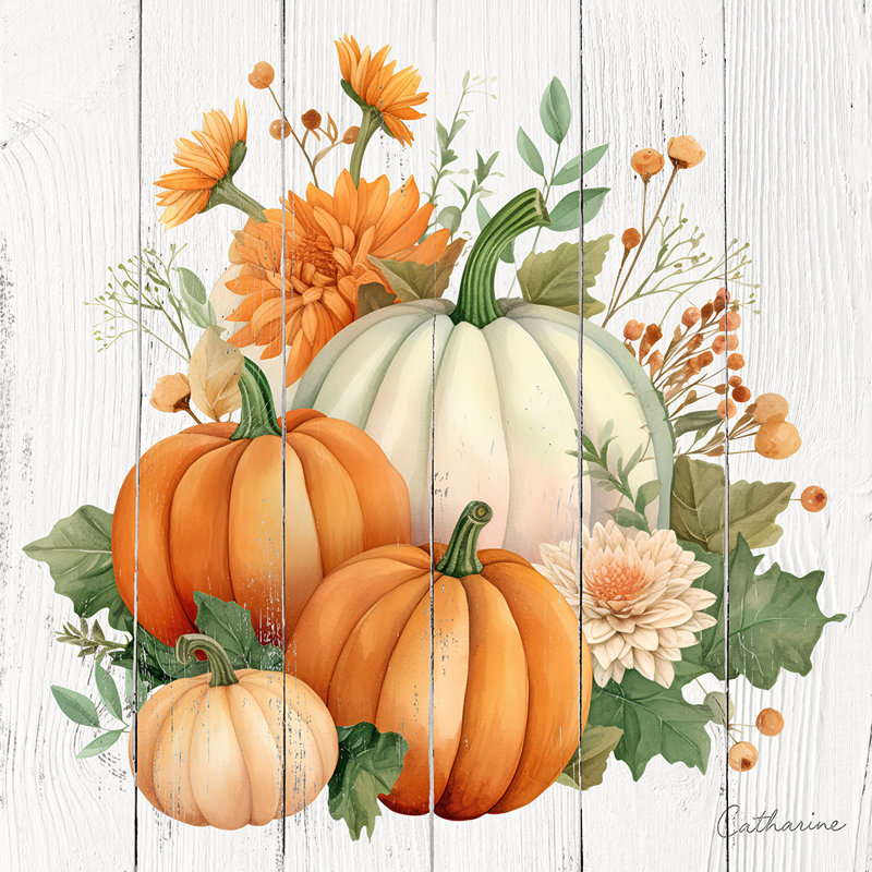 «Pumpkin Bouquet with Fall Florals», art mural sur toile tendue, H 12 po x l 12 po