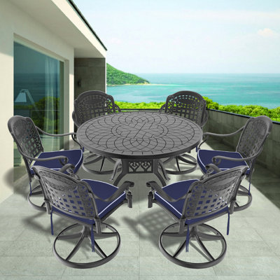 7 All-Weather Cast Aluminum Dining With 6 Swivel Chairs And 47.24" Round Table, Black Frame, Comfortable Seats Backrests, Weather Outdoor Collection Rotatable Aluminum, Spacious, Padded