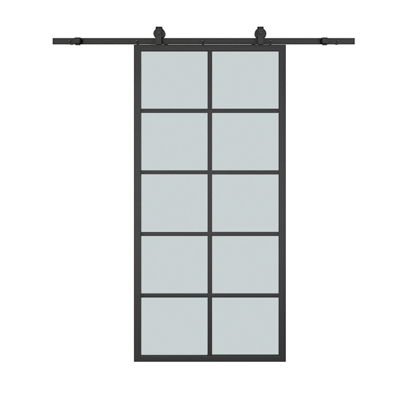 84'' Frosted Glass Black Aluminum Frame Sliding Barn Door