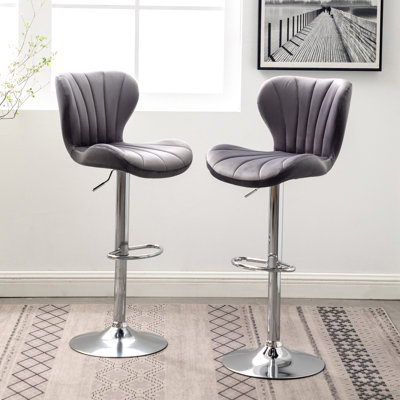 Of 2 Adjustable Swivel In Gray, Upholstered With Superior Fabric, Foam Padded Seat, Vertical Line Detail, Sleek Footrest Style Design Gray 2 - Soft Velvety Upholstery, Height Adjustable, 360
