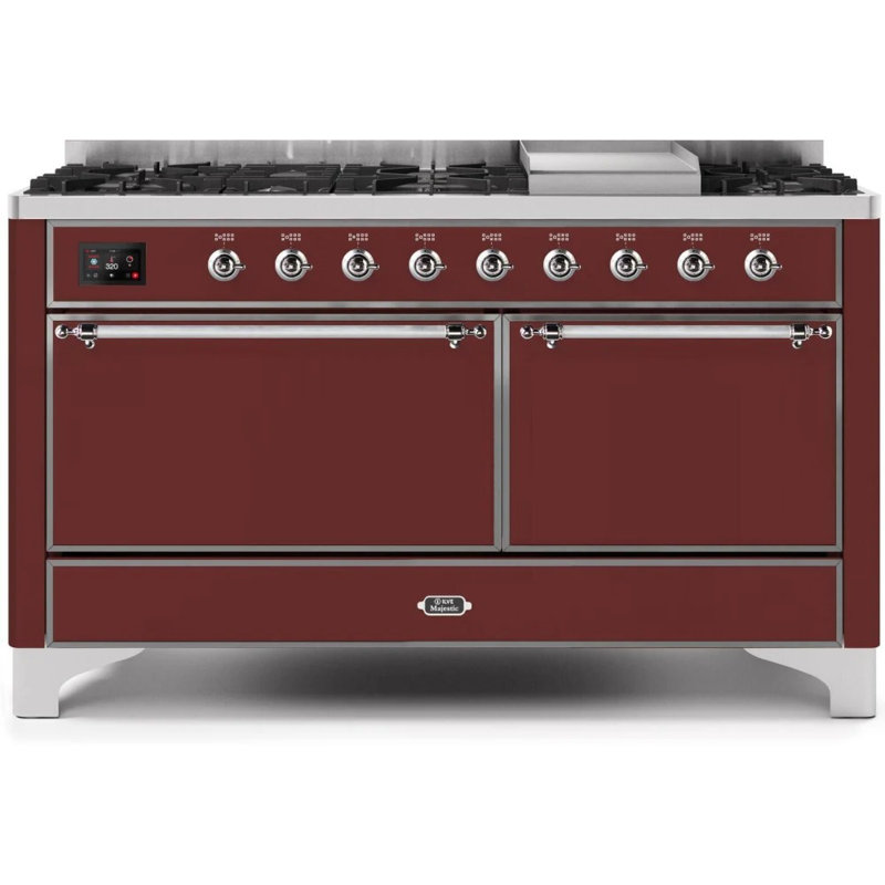 ILVE UM15FDQNS3BKCLP Majestic II 60 inch Dual Fuel Range with 9 Burners, Griddle (Liquid Propane, Solid Door, Glossy Black, Chrome)