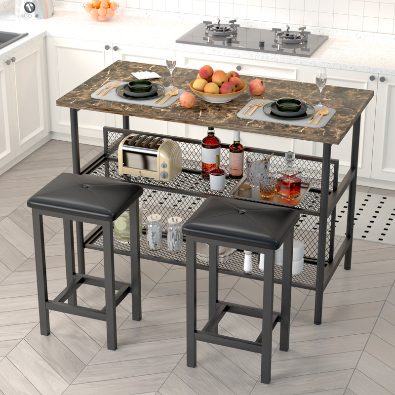 White Faux Marble 3-Piece Pub Dining Set with Storage Shelves