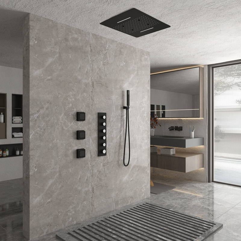 Thermostatic Complete Rainfall Shower System with Rough in-Valve and Body Spray, Matte Black