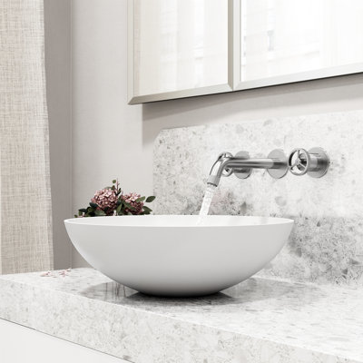 Lotus 16" L x 16" W x 5" H Round White Matte Stone™ Vessel Bathroom Sink with 3" H Faucet