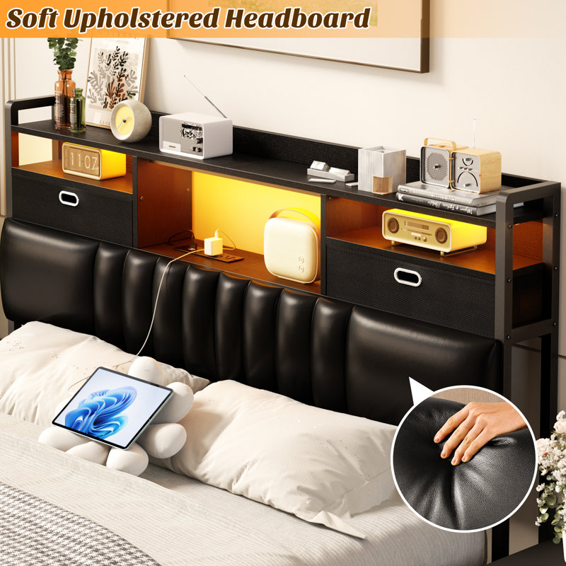 45.3'' H Storage Headboards With  Darwers,Outlets,USB Ports And LED Lights, Black, Queen