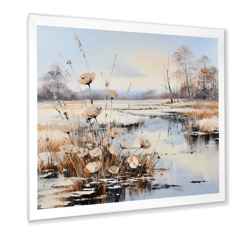 Charme de rivière en hiver, Cadre simple blanc, H 24 po x l 24 po x P 1 po