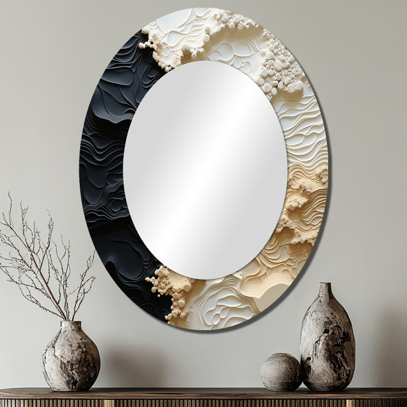 Abstract Cream And Black Liquid Paint - Large Oval Wall Mirror On Metal, 40" x 30"