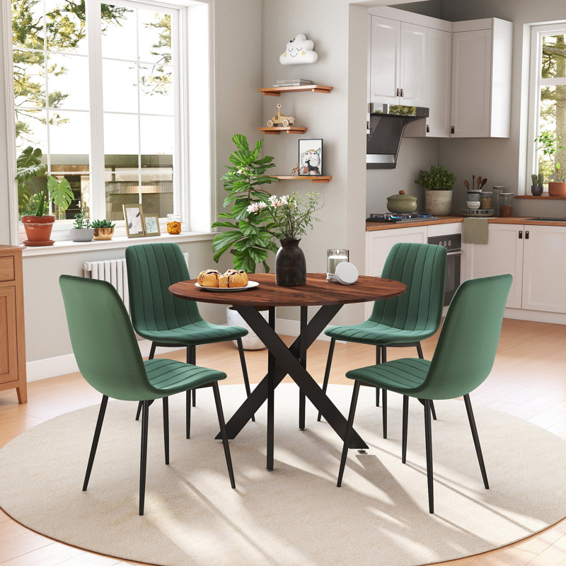 Ensemble de table de salle à manger 36 po avec chaises en velours, 5, Brun, Vert