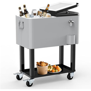 SHAREWIN 60 Quart Rolling Ice Chest, Portable Patio Party Drink Cooler Cart with Bottle Opener & Cap Collector & Drain for Patio Party BBQ & Beach Activities