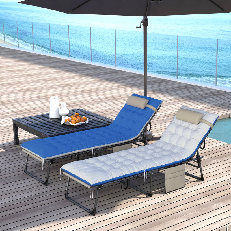Folding Outdoor Lounge Chair Set of 2, Side Pocket, Brown/Blue, Blue