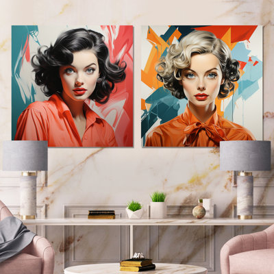 Portrait de femme orange et vert Mid Century I - Pop Art, ensemble d'art mural sur toile