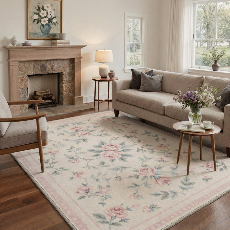 Roselyn Floral Machine Washable Pink / Green / Beige Indoor Area Rug with Non-Slip Backing, Round 5'
