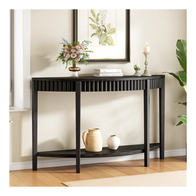 Élégante table d'entrée en demi-lune de 55 po Mirod avec placage en bois et tablette ouverte - une pièce décorative raffinée pour les couloirs ou les vestibules