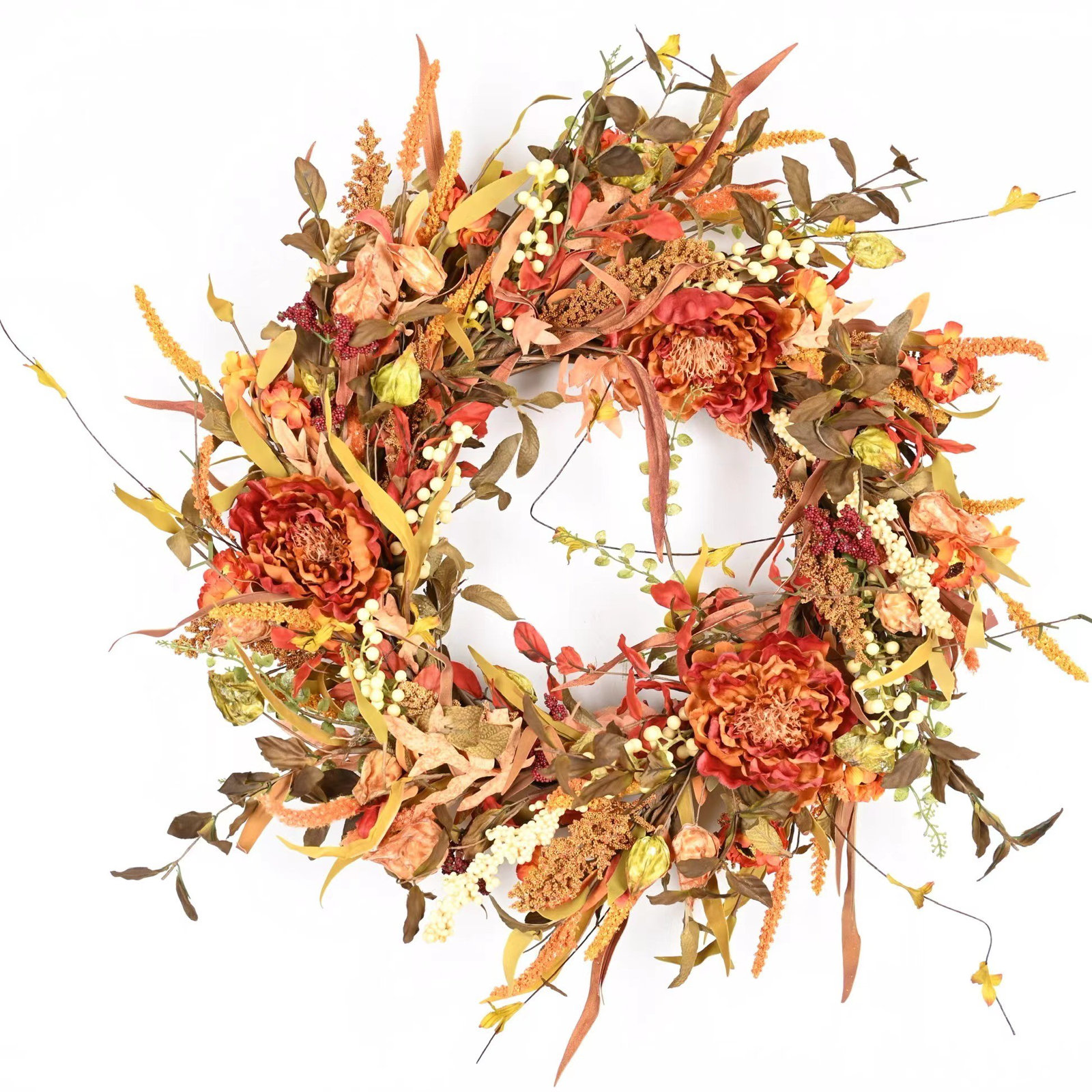 26" Fall Thanksgiving Day Peony Floral Wreath for Front Door, Orange