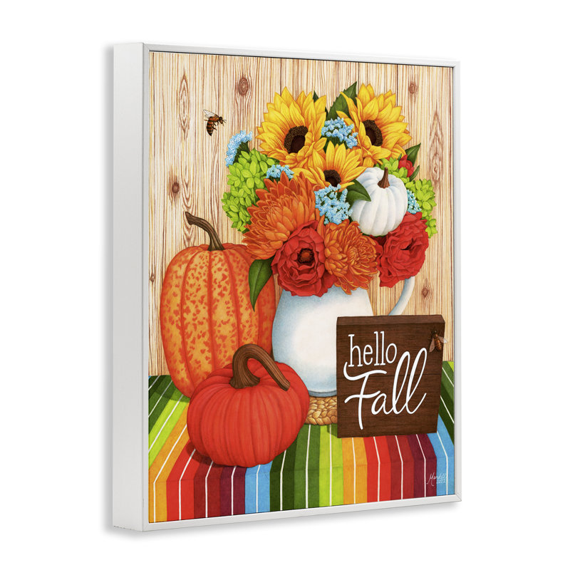 «Hello Fall Rainbow Pumpkins», estampe numérique par Mardell Schuster, Giclée encadrée blanc bord de mer, H 30 po x l 24 po