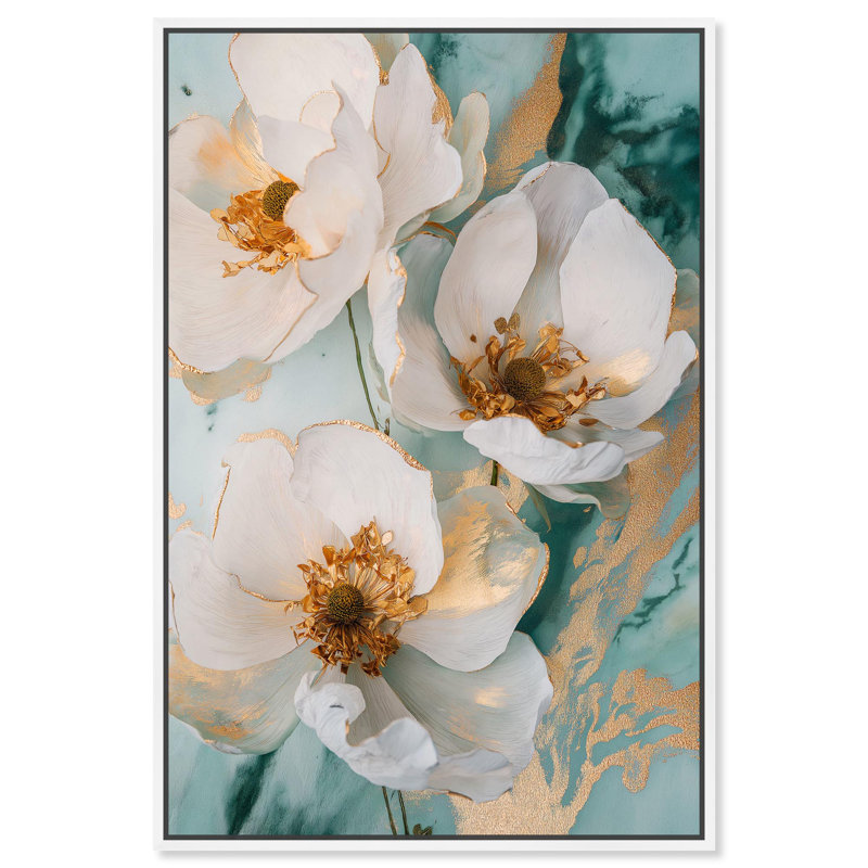 «White Blooms with Golden Grace», art floral pastel par Art Remedy, Cadre blanc, H 31 po x l 21 po