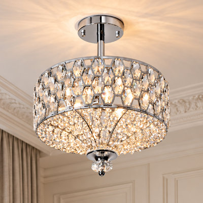 3-Light 14" Polished Chrome Modern Drum Semi-Flush Mount with Crystal Features for Living Room/Bedroom