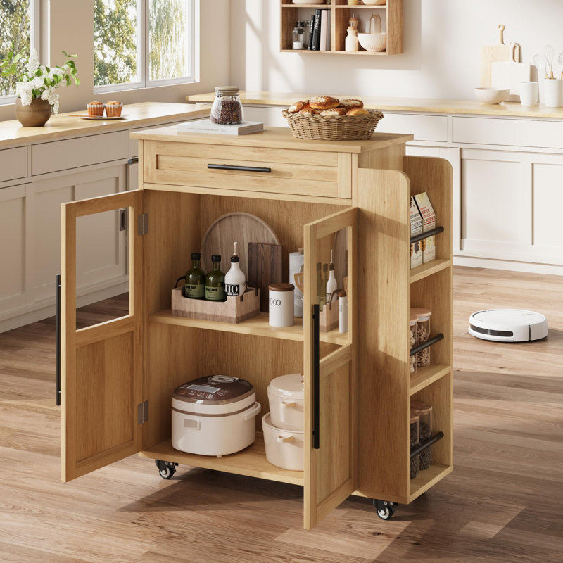 30 inch Yellow Mobile Kitchen Island Cart with Storage, 360° Rolling Wheels, Rolling Island with Drawers, Spice Rack & Black Handle, Versatile Serving Cart for Kitchen & Dining